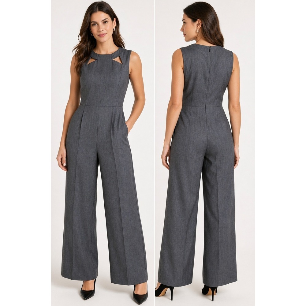 Calvin Klein Women's Jumpsuit Size 6 Gray Wide Leg Sleeveless Career Dressy